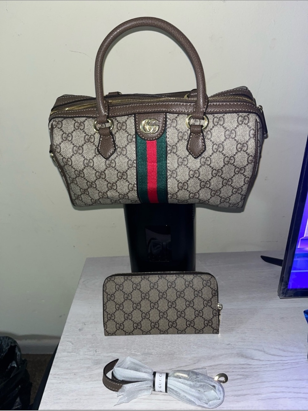 Cute fashion Satchel with Green-Red Web Stripe